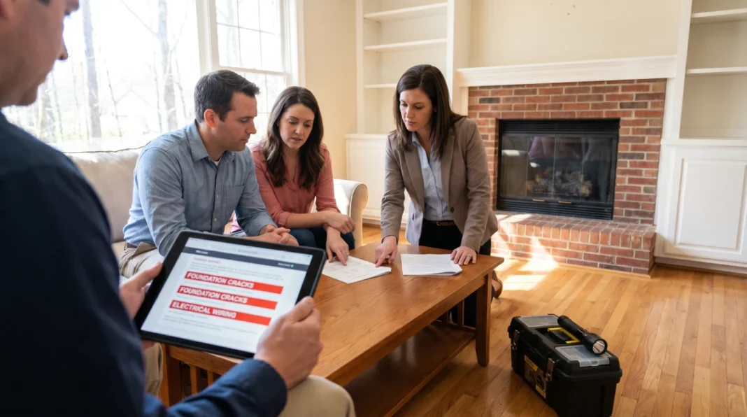 12 Home Inspection Red Flags - Warning signs showing foundation cracks, structural damage, mold, water damage, and electrical issues that signal deal-breakers for home buyers