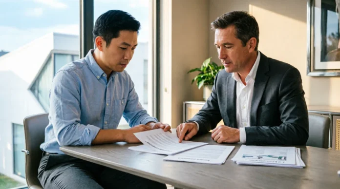 How to Choose a Buyer’s Agent: 15 Questions to Ask Before Signing Homebuyer interviewing prospective buyer's agent and reviewing representation agreement terms, discussing fiduciary duties and commission structure before making hiring decision for home purchase
