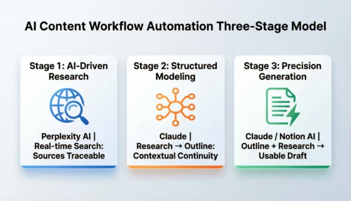 How to Automate Your AI Content Workflow (Step by Step) AI content workflow automation diagram showing 3-stage pipeline: Perplexity research, Claude outlining, Notion AI drafting to reduce content creation time
