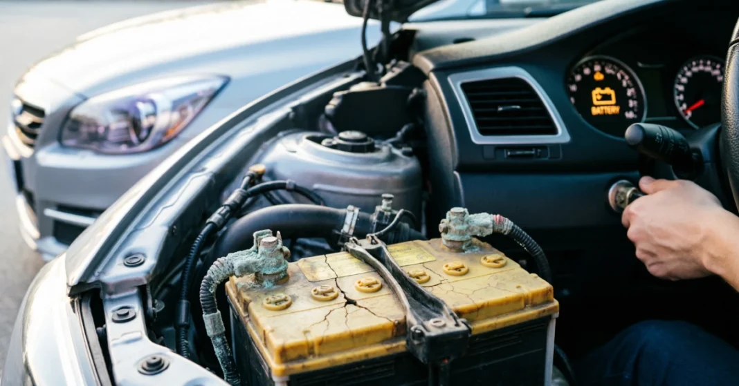 Bad car battery signs: Dashboard battery warning light illuminated during engine startup showing weak battery symptoms