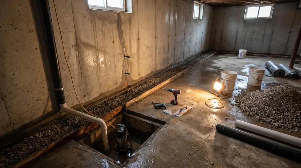 Professional basement and foundation waterproofing system showing interior drainage installation with French drain, sump pump, and vapor barrier protecting home from water damage