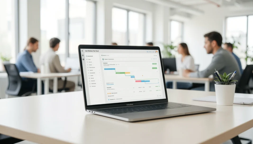 Modern small business team working with a laptop showing business dashboards in a clean, minimal workspace representing a lean software tool stack for productivity and operations.