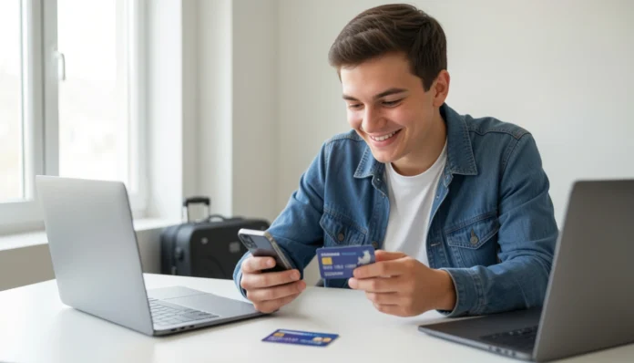 Travel Credit Cards for Beginners: Points, Perks & Pitfalls Best travel credit card for beginners showing credit card, airplane, and passport with points and miles rewards for first-time travelers