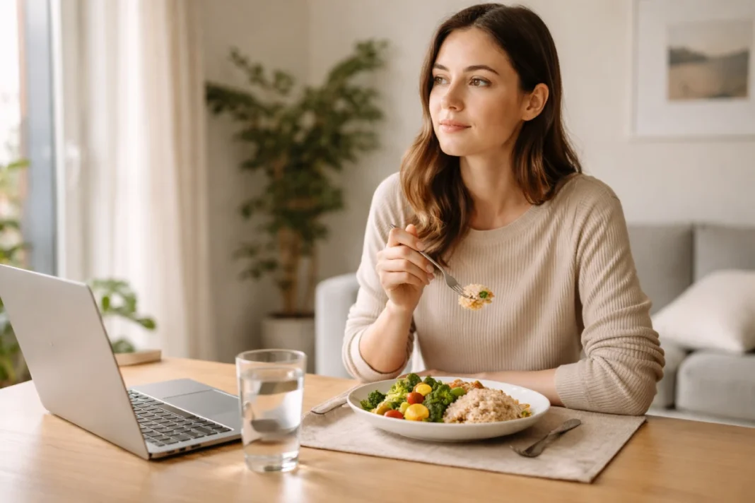 Mindful Eating 101: 8-week guide showing fresh healthy bowl with colorful vegetables, grains, and nuts for building intentional eating habits