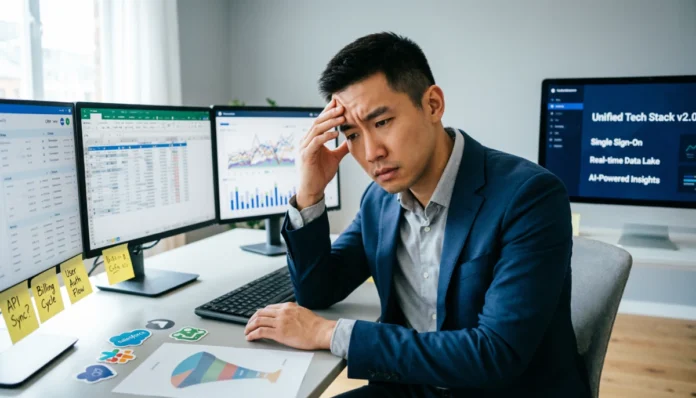 How to Build a Future-Proof Tech Stack for a Growing Business Future-proof business tech stack diagram showing integrated SaaS applications, CRM, accounting software, and automation tools connected through API integrations for growing businesses