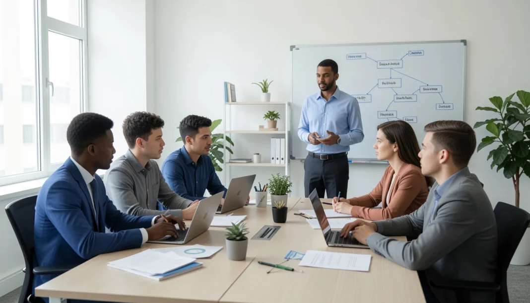 Small business owner leading a team meeting with employees discussing hiring strategy and organizational structure in a modern office