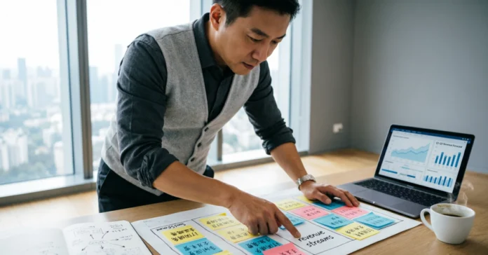 Business Model Design: How to Choose the Right Revenue Structure Before You Scale Business owner analyzing revenue streams on business model canvas in modern workspace