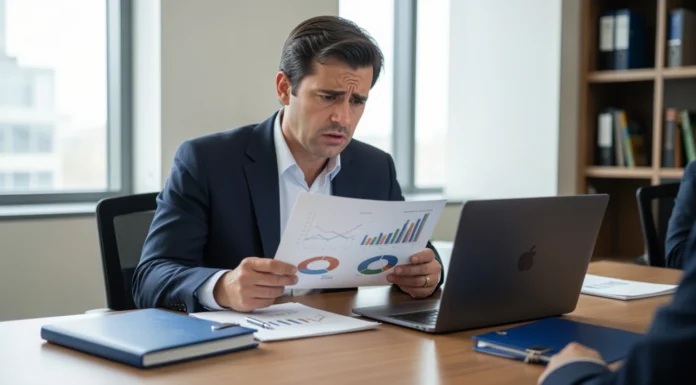 Write a Business Plan That Actually Gets Funding Startup founder reviewing a rejected business plan in a modern office after an investor meeting with financial documents and laptop on the table.