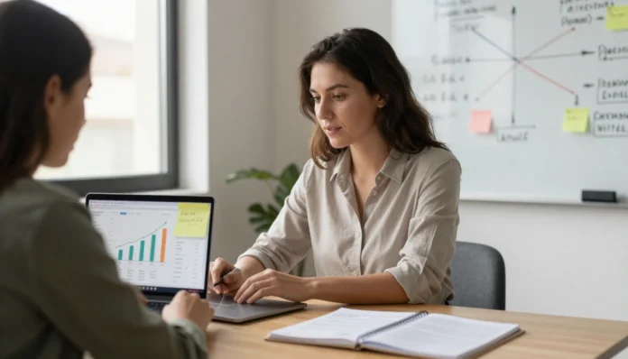 Business Scaling Strategies: The 4-Stage $100K to $1M Blueprint Female entrepreneur analyzing business growth strategy and scaling systems on laptop in modern office workspace