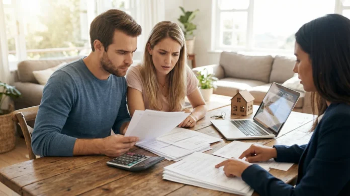 How to Buy a Home: Step-by-Step Guide for First-Time Buyers Young couple reviewing home buying documents with a real estate agent during property purchase decision process with financial paperwork and inspection reports on table.