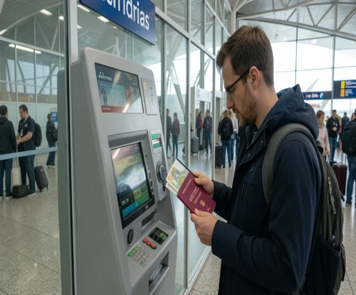 How to Manage Money While Traveling and Avoid Hidden Fees Traveler withdrawing cash from ATM abroad while checking phone to avoid hidden currency exchange fees