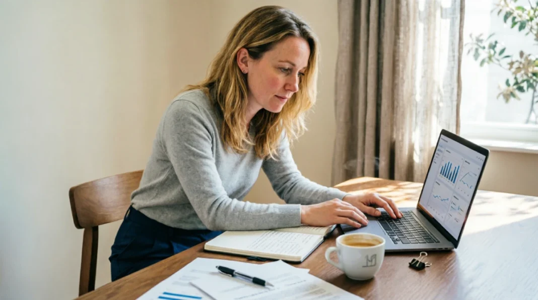Female entrepreneur analyzing cash flow charts and financial metrics on laptop while reviewing handwritten business plan notes at wooden desk during morning work session