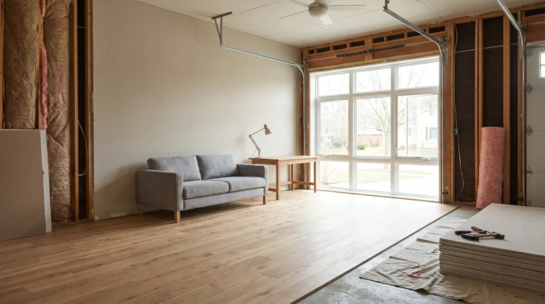 Garage conversion into modern living space showing finished interior with framed walls, large windows, insulation, and flooring transformation
