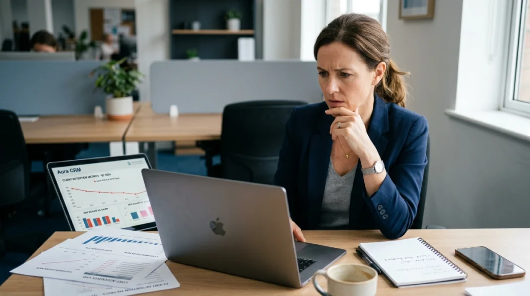 Small business owner analyzing customer retention data on laptop in office, showing concern over client churn and declining repeat customers