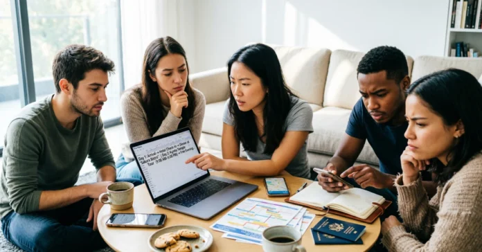 Group Travel Planning Tips: How to Coordinate a Trip Without the Drama Group of friends planning a trip together with laptops, phones, and notes, discussing budget and itinerary at home