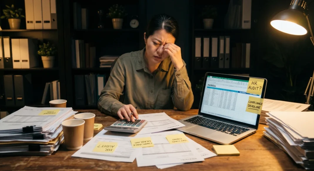 Small business owner reviewing payroll documents and HR compliance paperwork late at desk, highlighting administrative burden and risk of HR errors