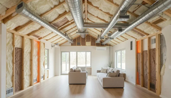 Home Insulation & HVAC Upgrade Guide for Energy Savings Home insulation and HVAC upgrade guide showing energy-saving improvements for attics, walls, and heating systems with R-value recommendations