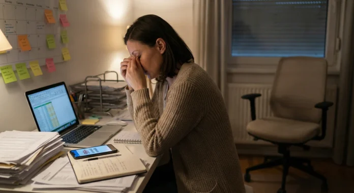 Hire Your First Employee in 2026: Scorecards and Onboarding Overwhelmed small business owner working late with laptop and paperwork, representing the need to hire a first employee to manage growing workload