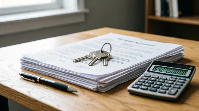 Hidden Costs of Buying a Home Most People Miss House keys resting on mortgage closing documents beside calculator showing $427,500, illustrating hidden homebuying costs and closing fees beyond purchase price