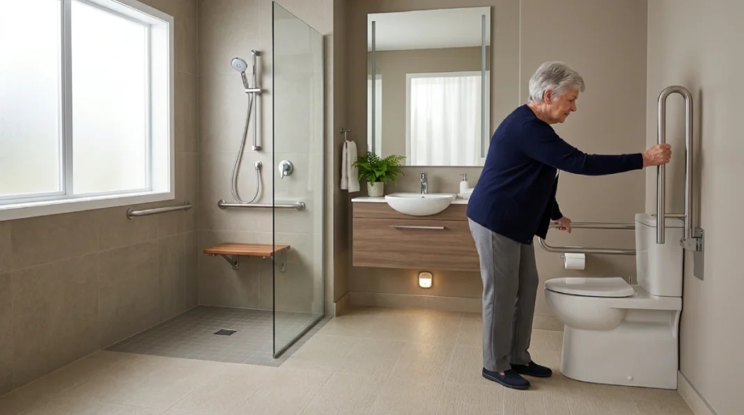 Aging-in-place home modifications showing accessible bathroom with grab bars and barrier-free shower