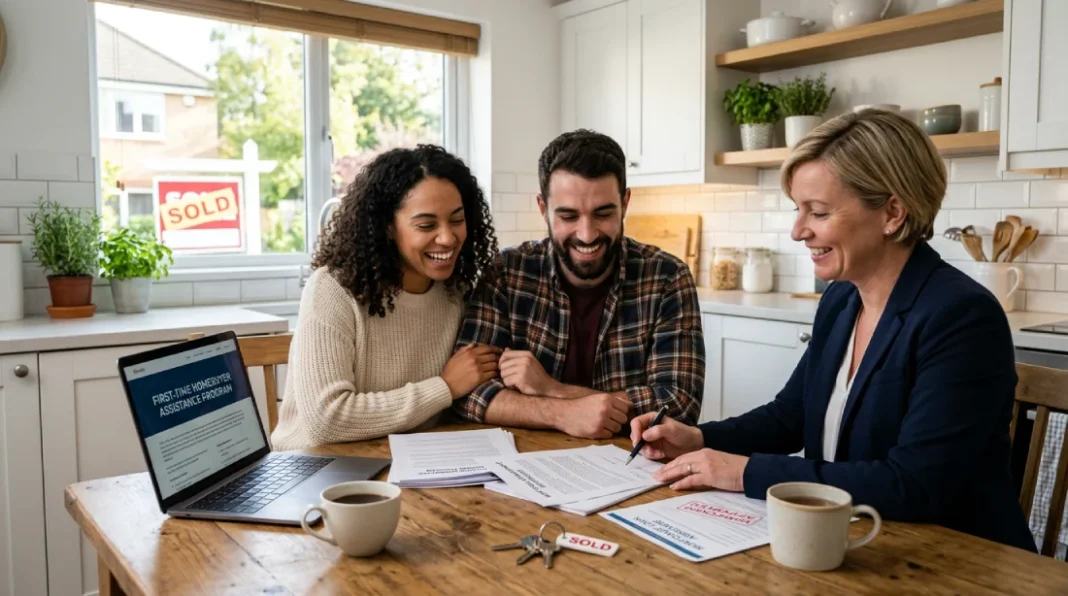 First-time homebuyers reviewing mortgage documents with advisor after qualifying for down payment assistance program in new home
