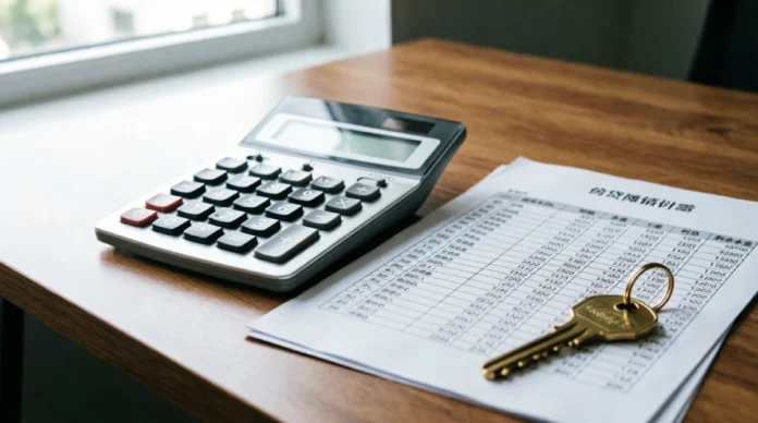 Mortgage Rates Explained: How They Affect What You Pay Wooden desk surface featuring a calculator, a printed mortgage amortization sheet, and a house key, representing the cost analysis required for home financing decisions.