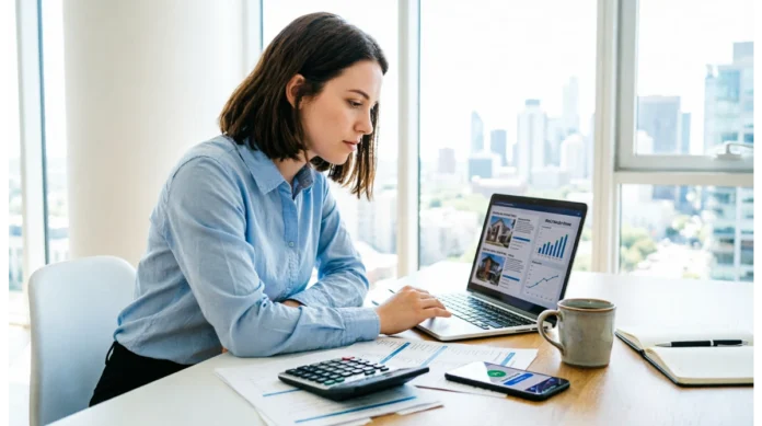Renting vs. Buying a Home: When the Math Actually Favors Buying Young woman analyzing rent vs buy decision using laptop, calculator, and financial documents in a modern apartment interior.