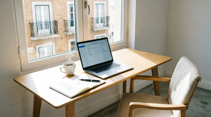 How to Travel Long-Term: A Practical Guide to Extended Trips and Slow Travel Laptop workspace on wooden desk in Lisbon rental apartment with steaming coffee and open notebook, natural morning light through window overlooking traditional Portuguese tiled buildings with wrought-iron balconies, remote work setup for long-term travel and digital nomad lifestyle