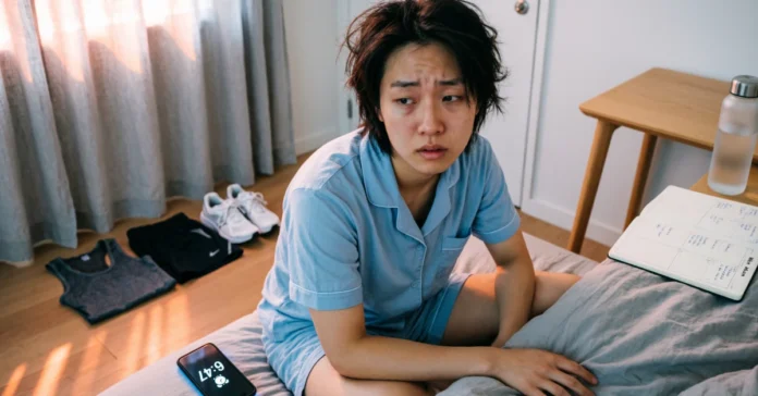 How to Build Discipline When You Have No Motivation Tired young person sitting on bed in morning with messy hair, looking stressed, phone showing early time, workout clothes and notebook nearby in a small bedroom with soft sunlight coming through curtains.