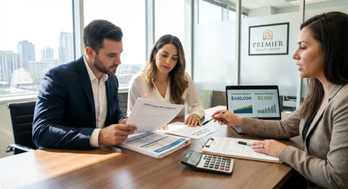 How to Get Mortgage Pre-Approval in 2026 Homebuyer couple reviewing mortgage pre-approval documents with a loan officer in a real estate office during home financing consultation process.