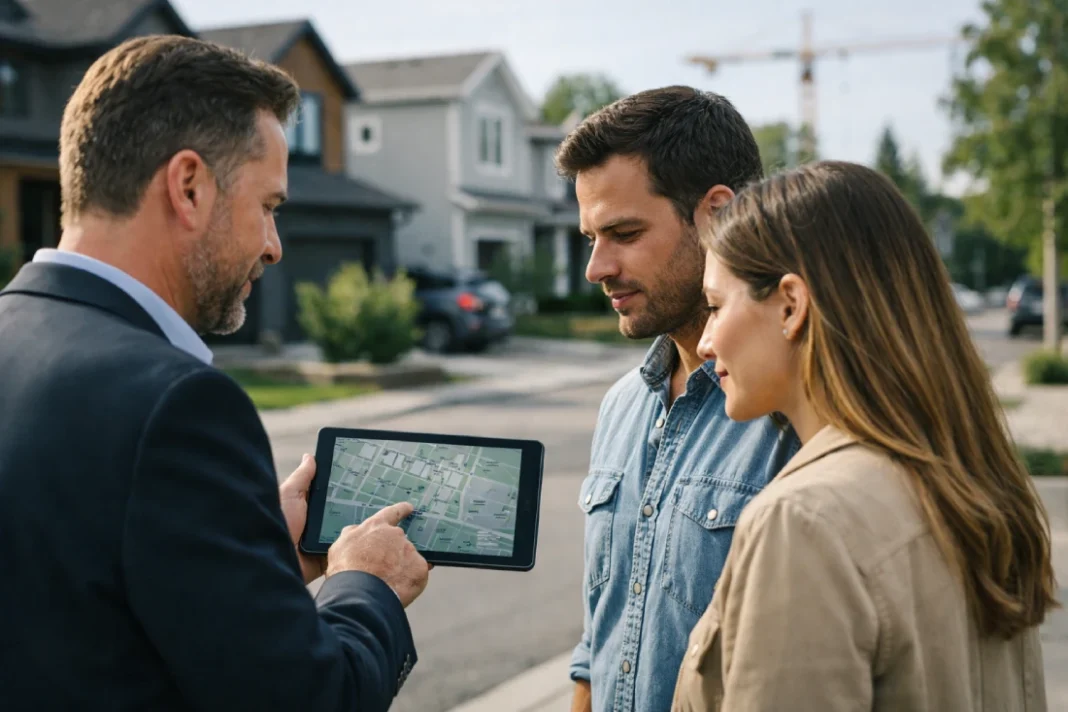 Family evaluating residential neighborhood before buying a home - street view with houses and checklist