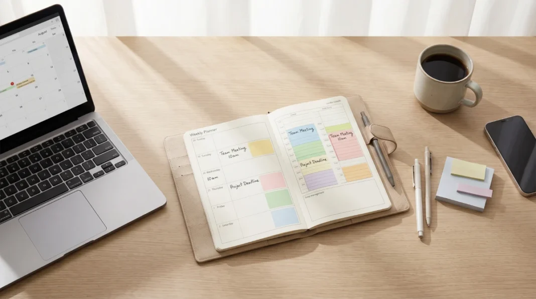 Weekly planner showing time blocking method for designing your ideal week with color-coded focus sessions and scheduled priorities