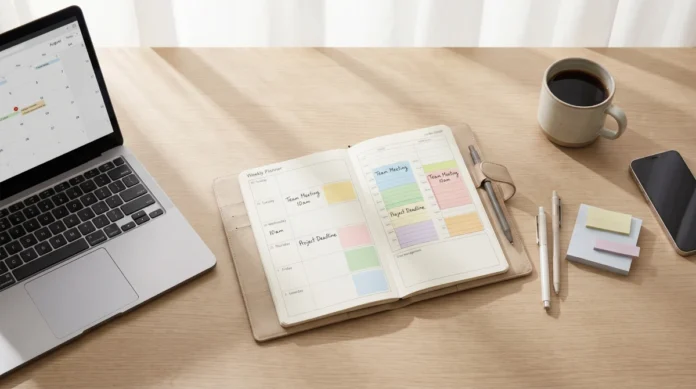 How to Design Your Ideal Week with Time Blocking and Strategy Weekly planner showing time blocking method for designing your ideal week with color-coded focus sessions and scheduled priorities