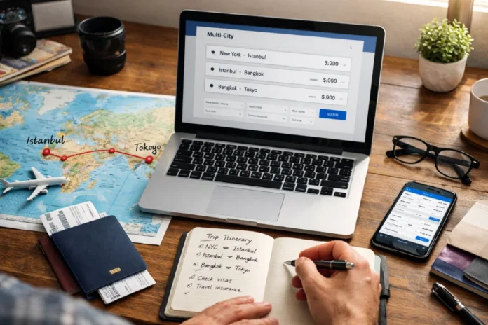 How to Book a Multi-Destination Trip Without Overpaying Plan a multi-country trip itinerary showing flight routes connecting Tokyo Bangkok and Istanbul on world map with budget travel planning guide 2026