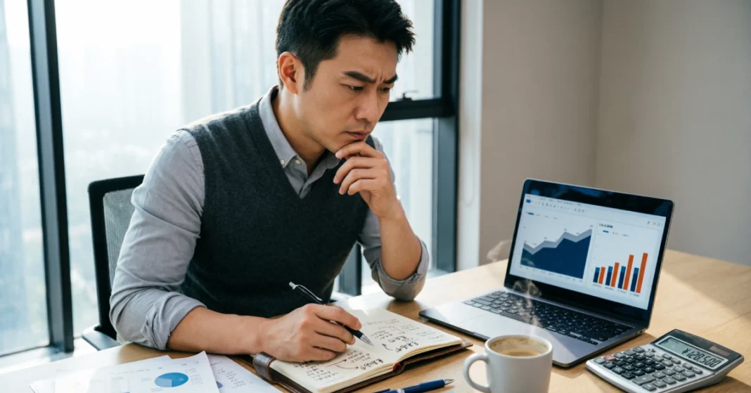 Service business owner analyzing pricing strategy and profit margins on laptop