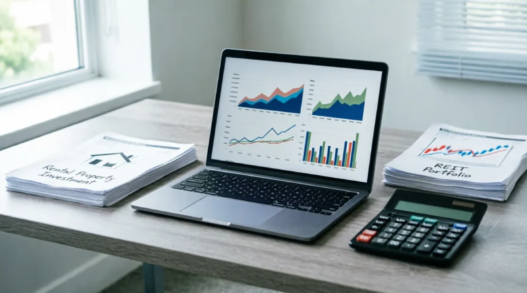Laptop displaying investment performance charts between rental property investment documents and REIT portfolio analysis papers, calculator on modern desk for comparing real estate investment strategies and returns