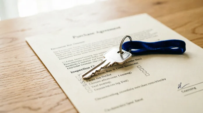 10 Real Estate Mistakes That Cost Buyers Thousands House keys with blue keychain on home inspection checklist and purchase agreement documents, representing due diligence in real estate transactions