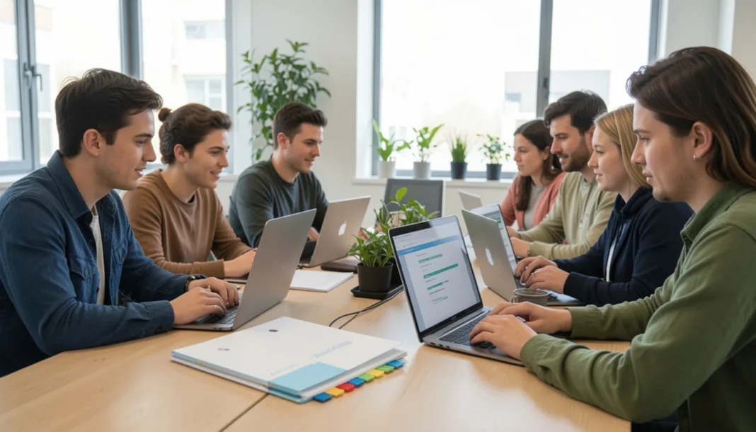 Small digital marketing team in office struggling with unused SOP manual while manager explains simple workflow checklist on laptop, showing practical business documentation concept.