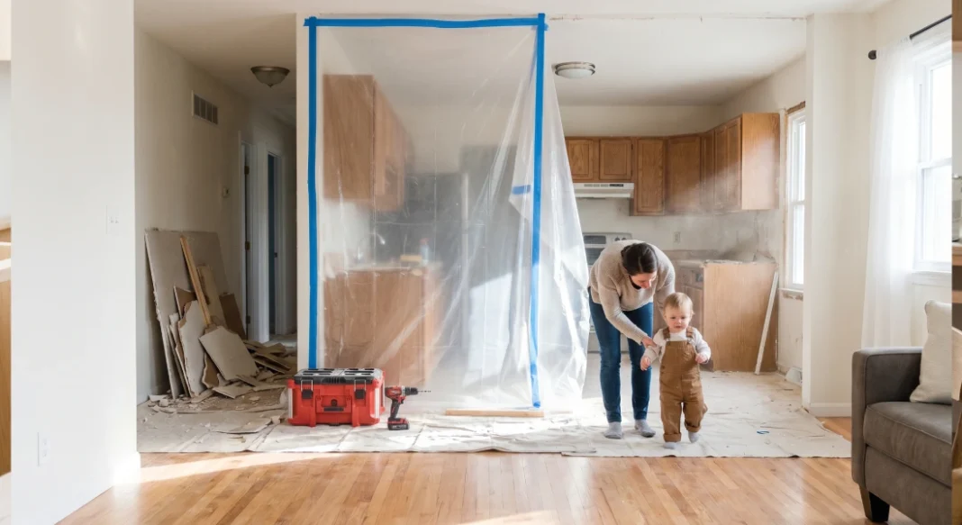 Family with young children reviewing renovation safety checklist and childproofing measures in home construction zone with safety barriers and protective equipment