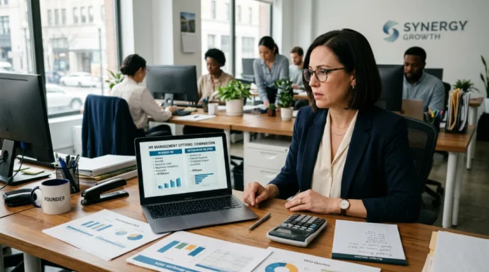 In-House HR vs Outsourcing: What’s Better for Small Businesses? Small business owner comparing in-house HR vs outsourced HR costs and services in a modern office environment