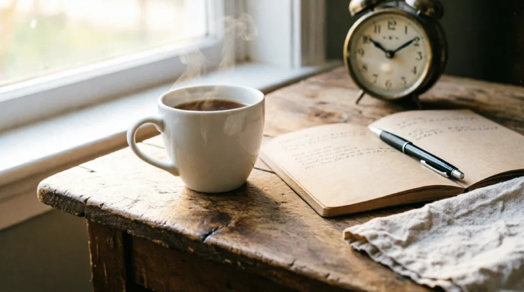 Woman practicing slow living for beginners with coffee on couch in peaceful minimalist living room with natural light
