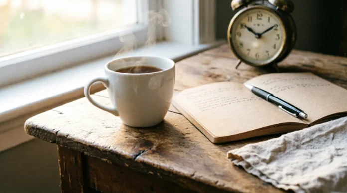 How to Start a Slow Living Lifestyle: 10 Gentle Changes for Beginners Woman practicing slow living for beginners with coffee on couch in peaceful minimalist living room with natural light
