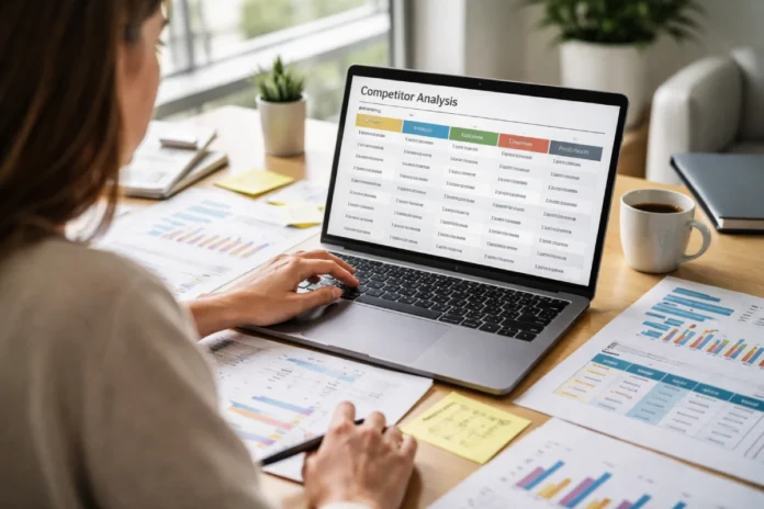 Competitive Analysis for Small Businesses: Find Your Market Position Small business owner conducting competitive analysis using laptop and charts, reviewing pricing, audience, and market positioning data