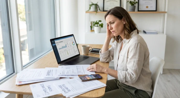 HR Outsourcing for Small Businesses: Costs, Services & Top Providers Small business owner managing payroll, HR paperwork, and compliance tasks in a modern office, illustrating challenges of HR outsourcing for growing companies