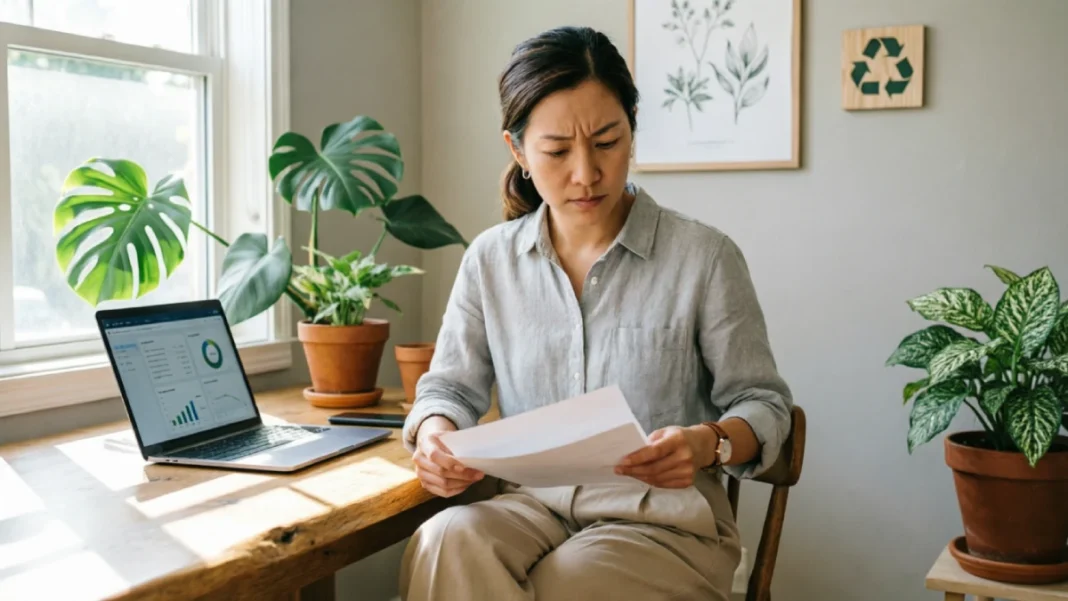 Small business owner reviewing quarterly sustainability report and vendor compliance checklist at natural wood desk with laptop displaying analytics, surrounded by potted plants and natural daylight in home office workspace