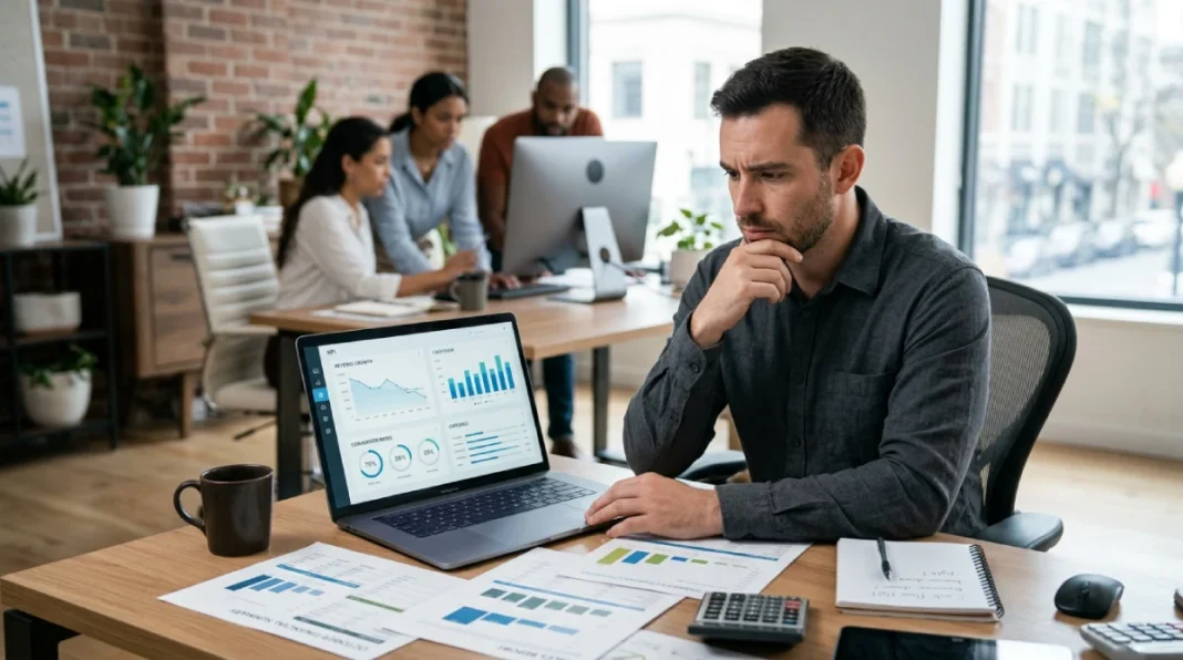 Small business owner analyzing KPI dashboard with financial reports and cash flow data in a modern office setting