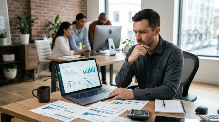 Small Business KPIs: 12 Metrics That Predict Growth Small business owner analyzing KPI dashboard with financial reports and cash flow data in a modern office setting