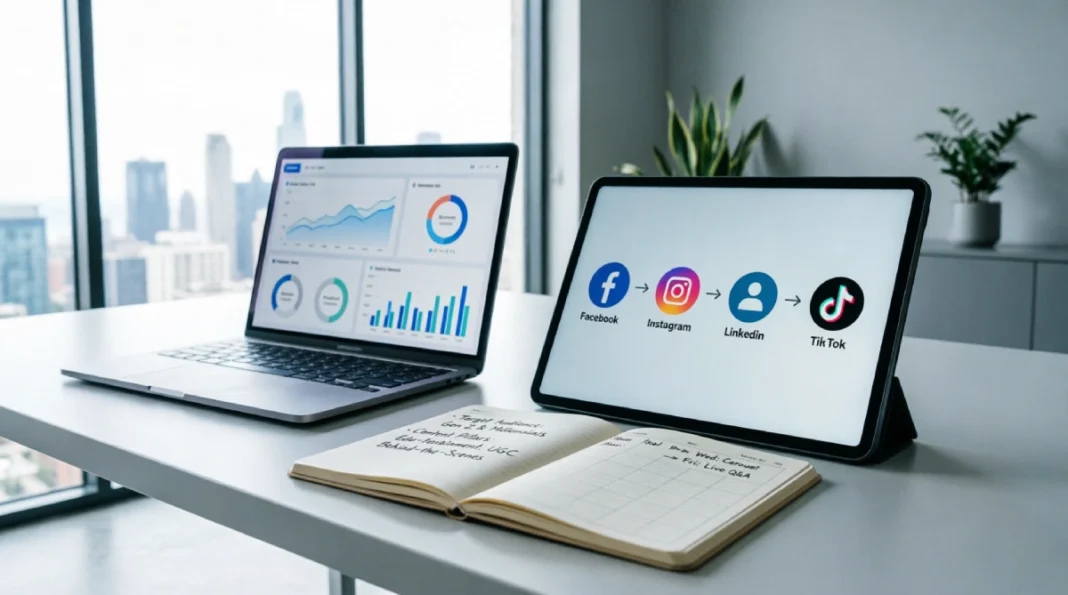 Strategic social media marketing planning setup with analytics dashboard on laptop, tablet displaying Facebook Instagram LinkedIn and TikTok platform workflow, and content calendar notebook on modern office desk