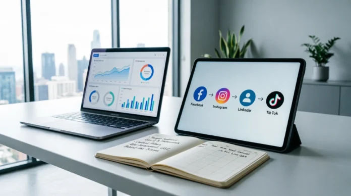 Social Media Marketing Strategy for Businesses: Top Platforms & Best Practices Strategic social media marketing planning setup with analytics dashboard on laptop, tablet displaying Facebook Instagram LinkedIn and TikTok platform workflow, and content calendar notebook on modern office desk