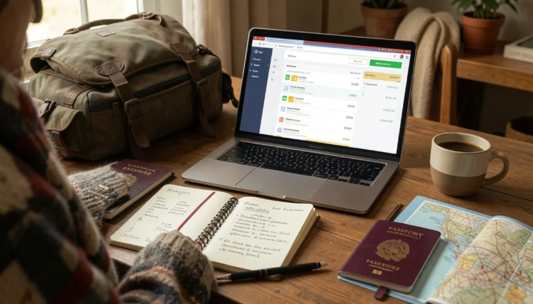 Travel budget planning with calculator, passport, and money on world map background